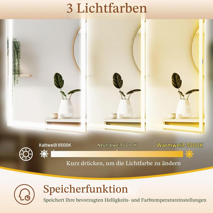 Clevich Badspiegel mit Beleuchtung 120×60 cm, LED Spiegel mit 3 Lichtfarben Dimmbar, Gehärtetes Glas