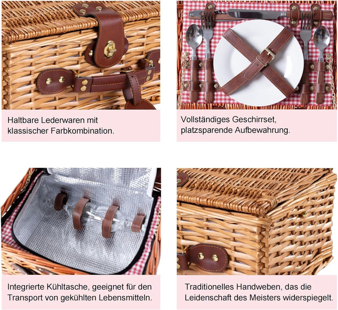 eGenuss Handgefertigtes Picknickkorb für 2 Personen – Kühlfach, Multifunktionsmesser, Edelstahlbeste