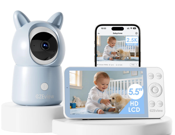 CZEview BM6 Babyphone mit Kamera 2K & 4X Zoom, 5.5" HD WLAN Video Babyfon mit App, Nachtsicht, Beweg