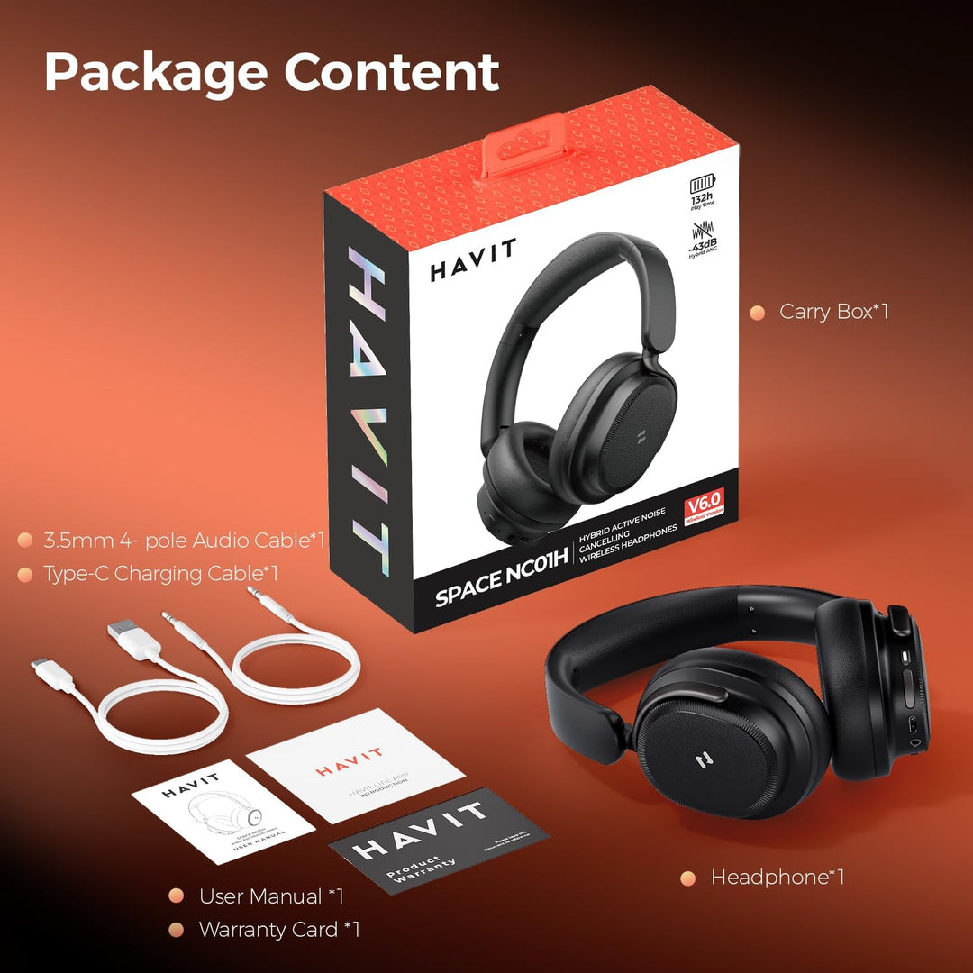 havit SPACE NC01H Hybrid Active Noise Cancelling Kopfhörer, Over Ear Bluetooth Kopfhörer mit 4 Mic E