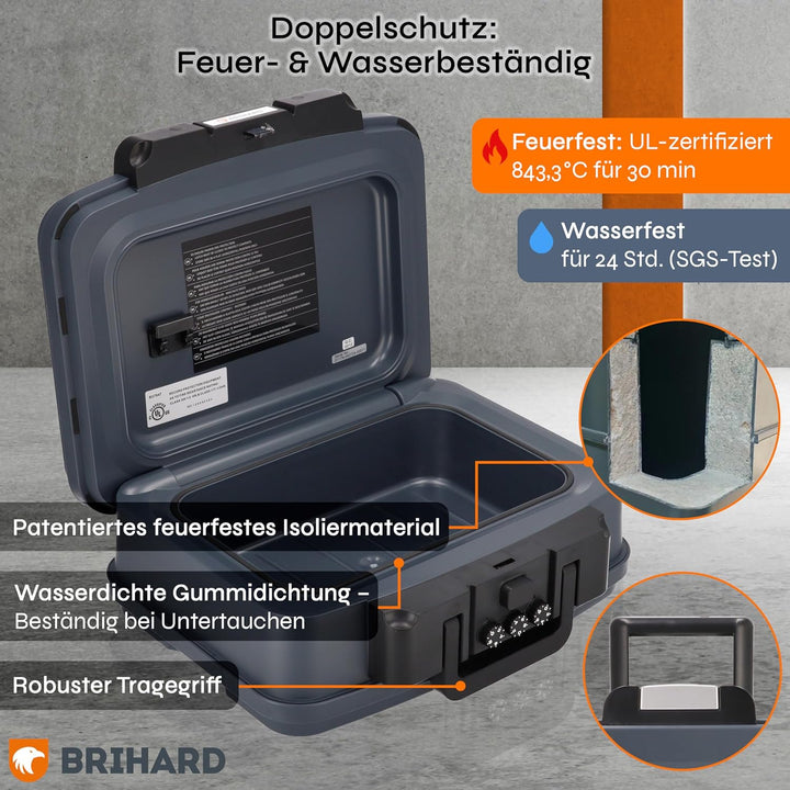 Brihard zertifizierte Dokumentenkassette 2117N, A5 - wasserdichte & feuerfeste Dokumentenbox mit Zah