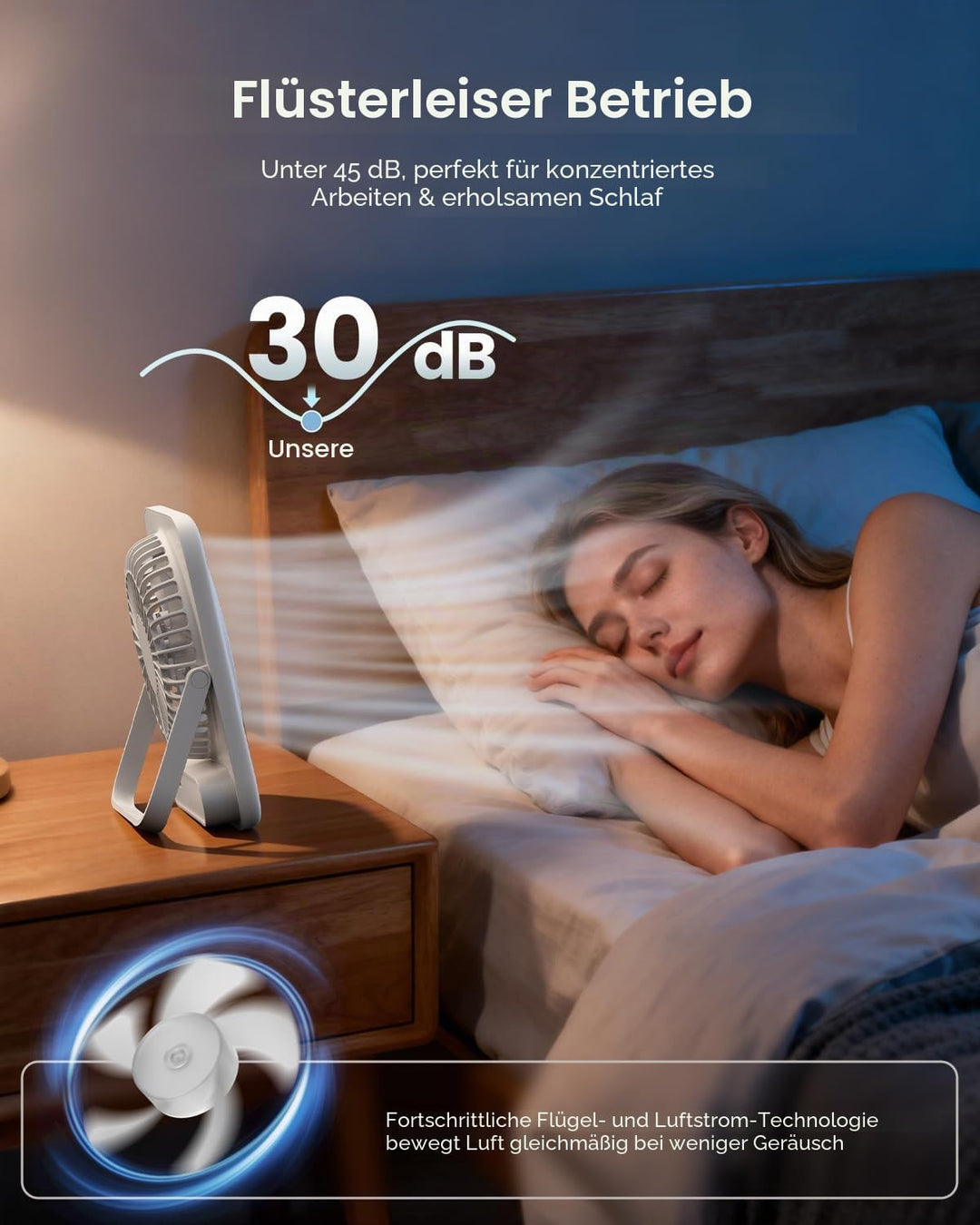 Otlonpe Tischventilator Leise, 4000mAh Akku Tisch Ventilator Tragbar, 4-Speed Tischventilatoren Klei