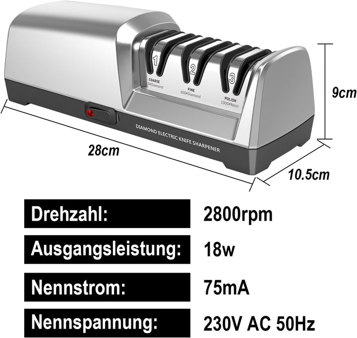 Herboom Elektrischer Messerschärfer, 3-Stufen Messerschärfsystem mit Diamant, Geeignet für Grob Schl