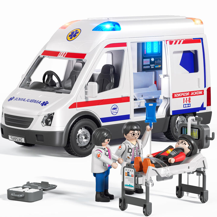 Doloowee Krankenwagen Spielzeug für Kinder im Alter von 3 4 5 6 7 8 Jahren, LKW mit Reibungsantrieb,
