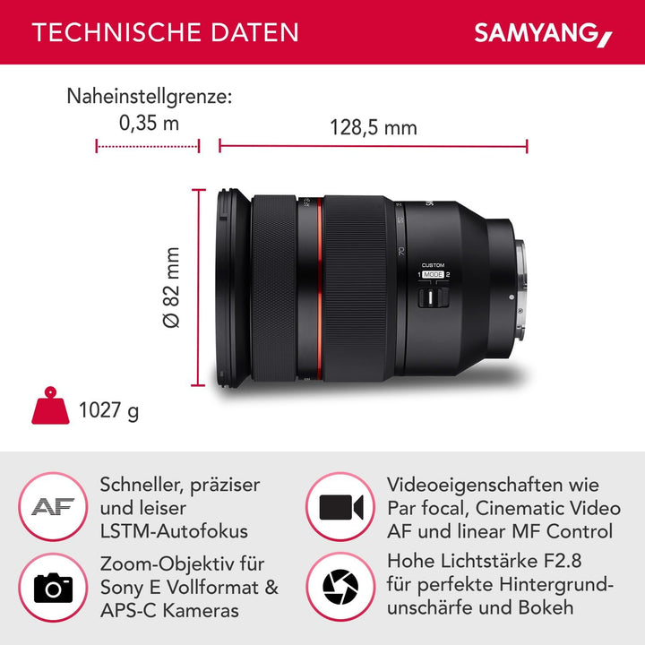 Samyang AF 24-70mm F2,8 FE kompatibel mit Sony E - Autofokus Vollformat & APS-C 24-70mm Zoom Objekti