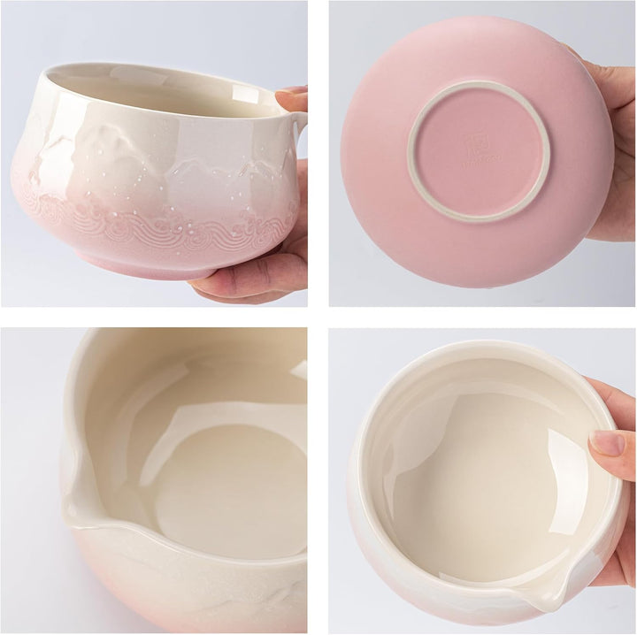 TEANAGOO Matcha Schale mit Ausgiesser,2-Pcs Fuji Design Keramik Schale und Schneebesen Halter(chawan