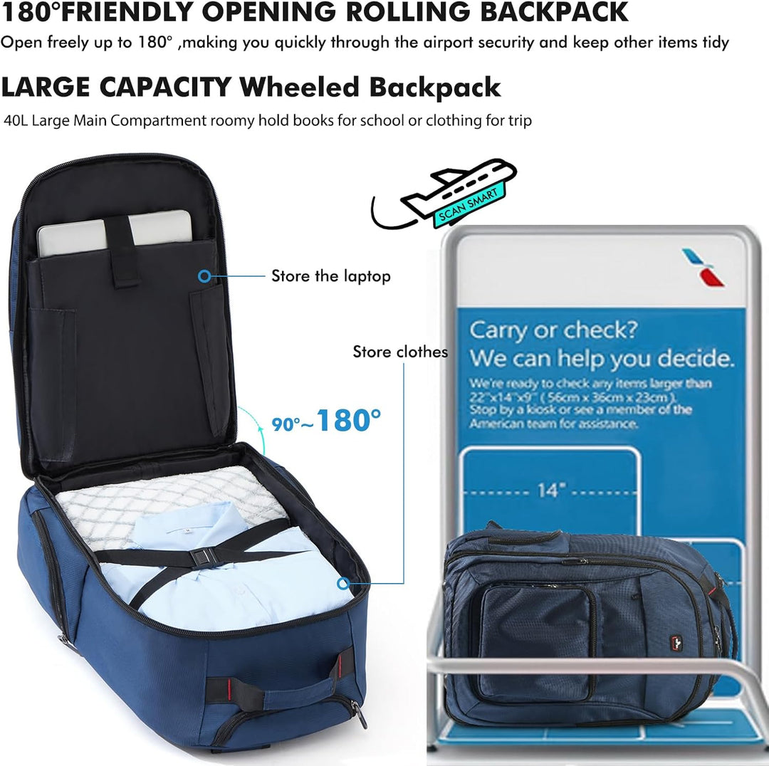 WIRABO Rucksack mit Rollen, 15.6 Zoll 35L Trolley Handgepäck Laptop Reisetasche mit Rollen Gross Ruc