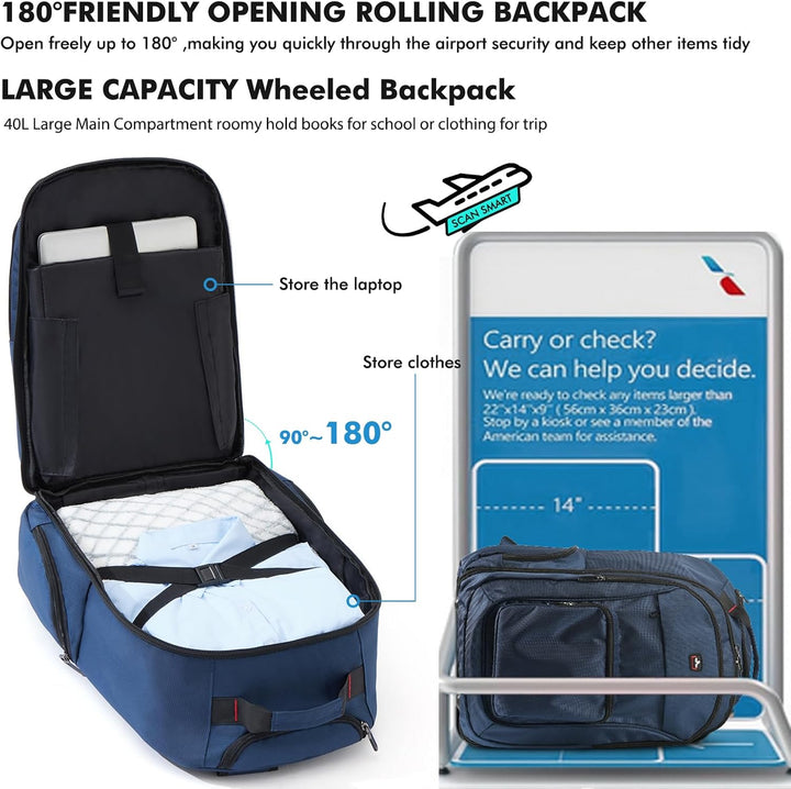 WIRABO Rucksack mit Rollen, 15.6 Zoll 35L Trolley Handgepäck Laptop Reisetasche mit Rollen Gross Ruc