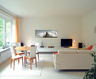 Paul Sinus Art Panoramabild auf Leinwand und Keilrahmen 150x50cm Meer Sturm Welle Leuchtturm