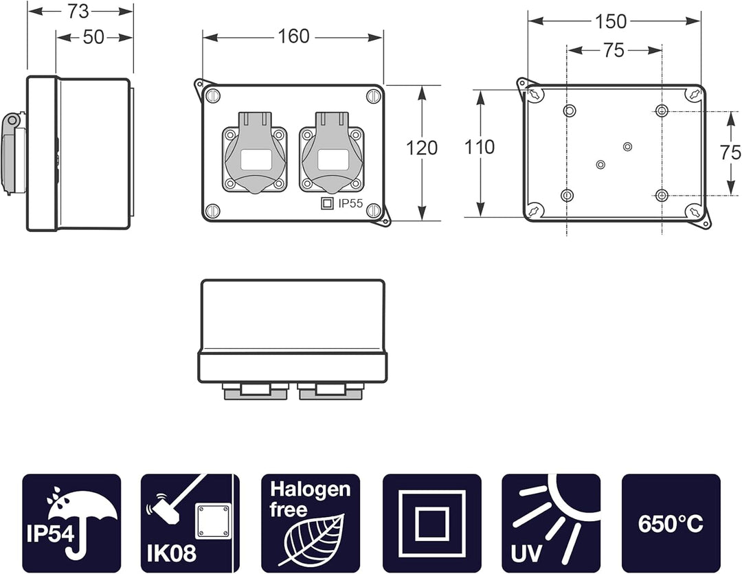FAMATEL - Wasserdichte Abzweigdose IP44 | 2 Steckdosen | 2P+TTL | 16A | 250V | Blau und Rot