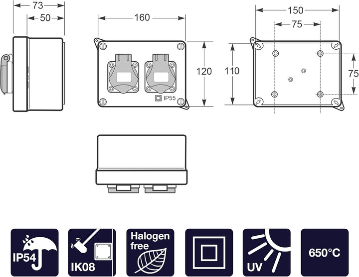 FAMATEL - Wasserdichte Abzweigdose IP44 | 2 Steckdosen | 2P+TTL | 16A | 250V | Blau und Rot