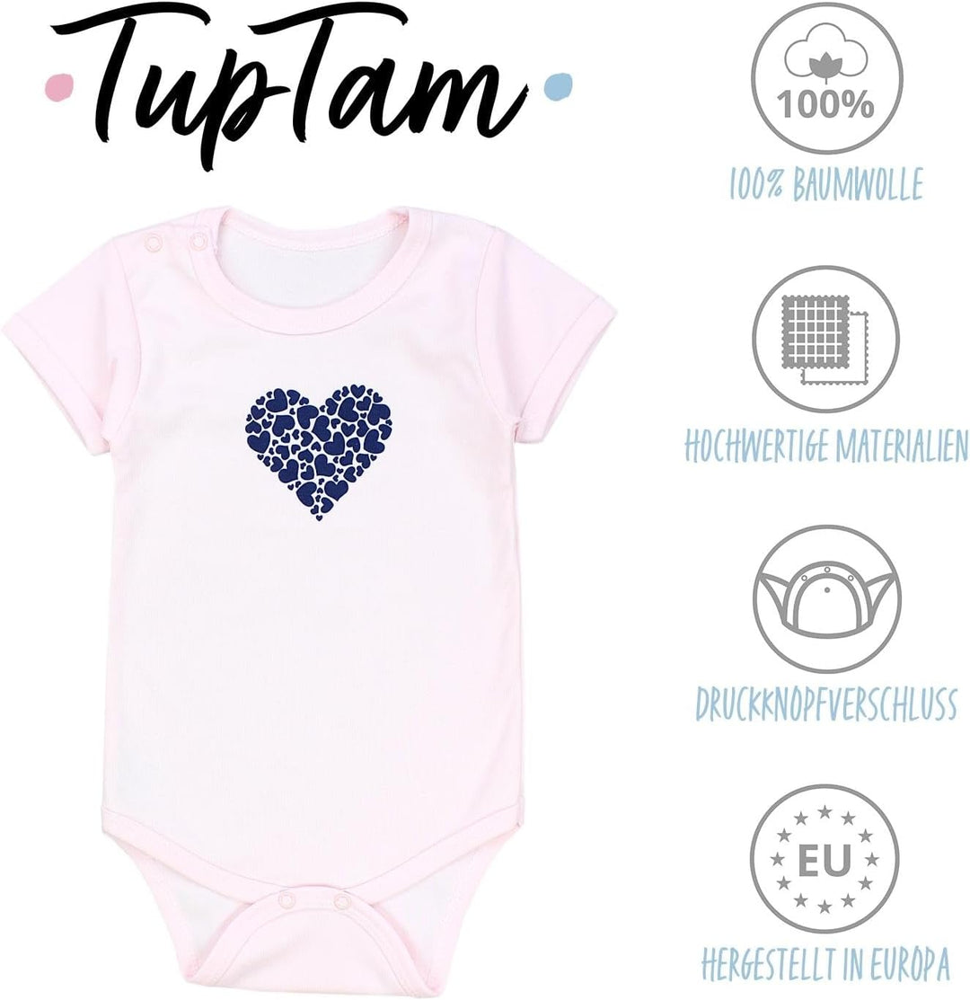 TupTam Mädchen Baby Body Kurzarm in Unifarben - 5er Pack 86 Dunkelblau Blumen Hellrosa Herzen Apriko