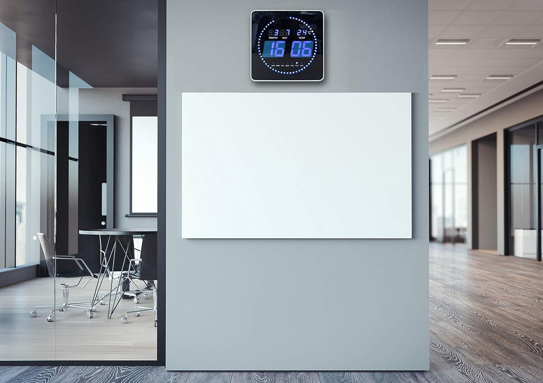 Unilux FLO LED Wanduhr, mit Datum und Temperatur, 28 x 28 cm