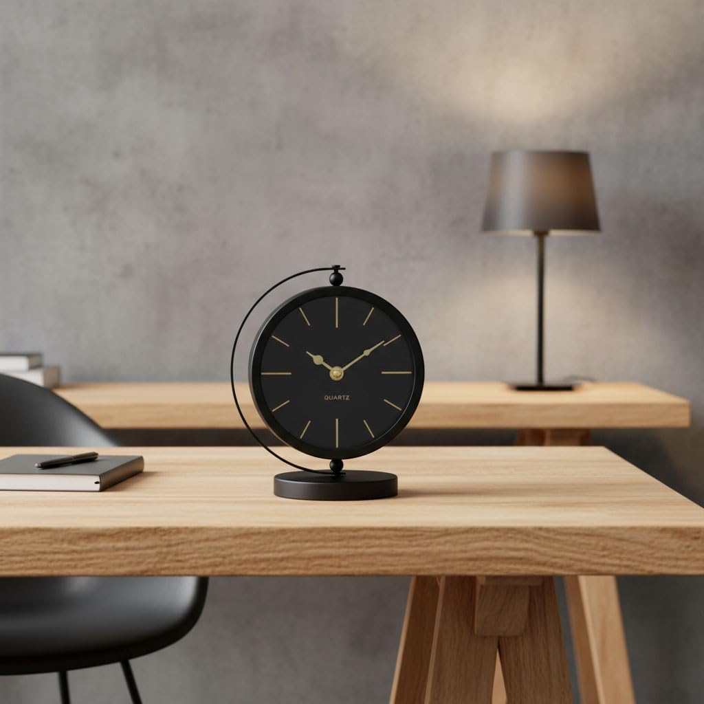 levandeo Tischuhr H20cm Schwarz Gold Metall Vintage Retro Metalluhr Analog Standuhr Deko Tischdeko N