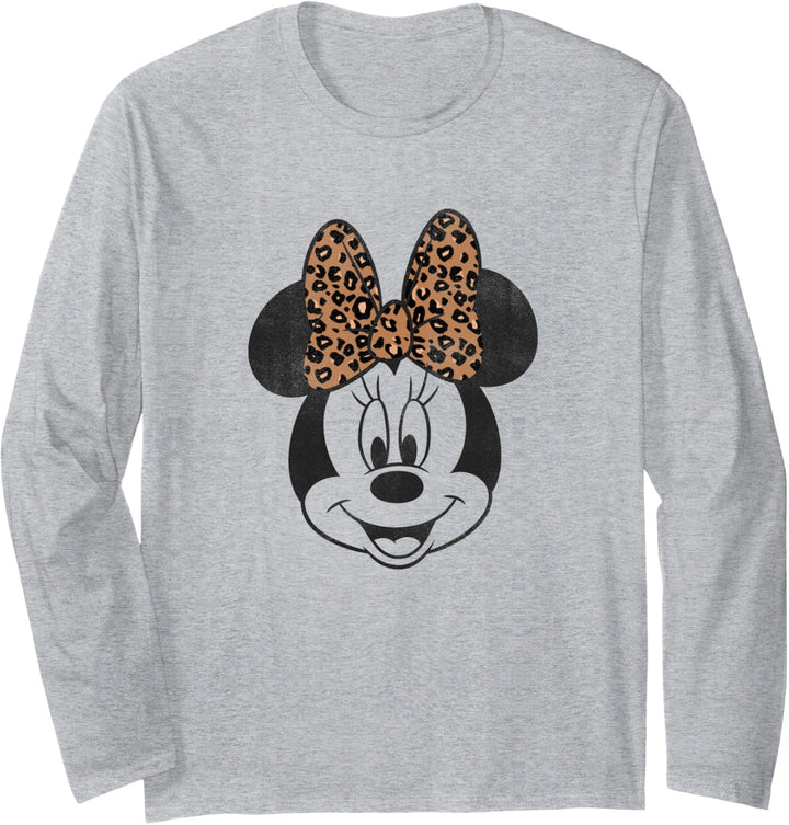 Disney Minnie Mouse Distressed Vintage Leopard Bow Face Langarmshirt