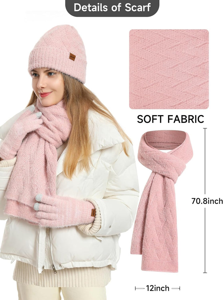 CAMLAKEE Wintermütze Schal Handschuhe Set Damen Strickmütze Handschuh Nackenwärmer Frauen Strickset,