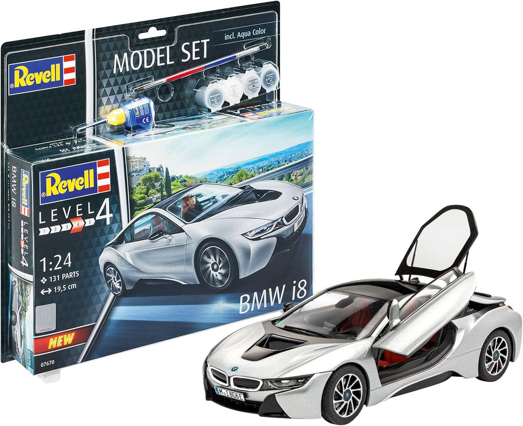 Revell 67670 Model Set BMW i8 originalgetreuer Modellbausatz für Fortgeschrittene, mit Basis-Zubehör