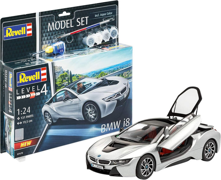 Revell 67670 Model Set BMW i8 originalgetreuer Modellbausatz für Fortgeschrittene, mit Basis-Zubehör