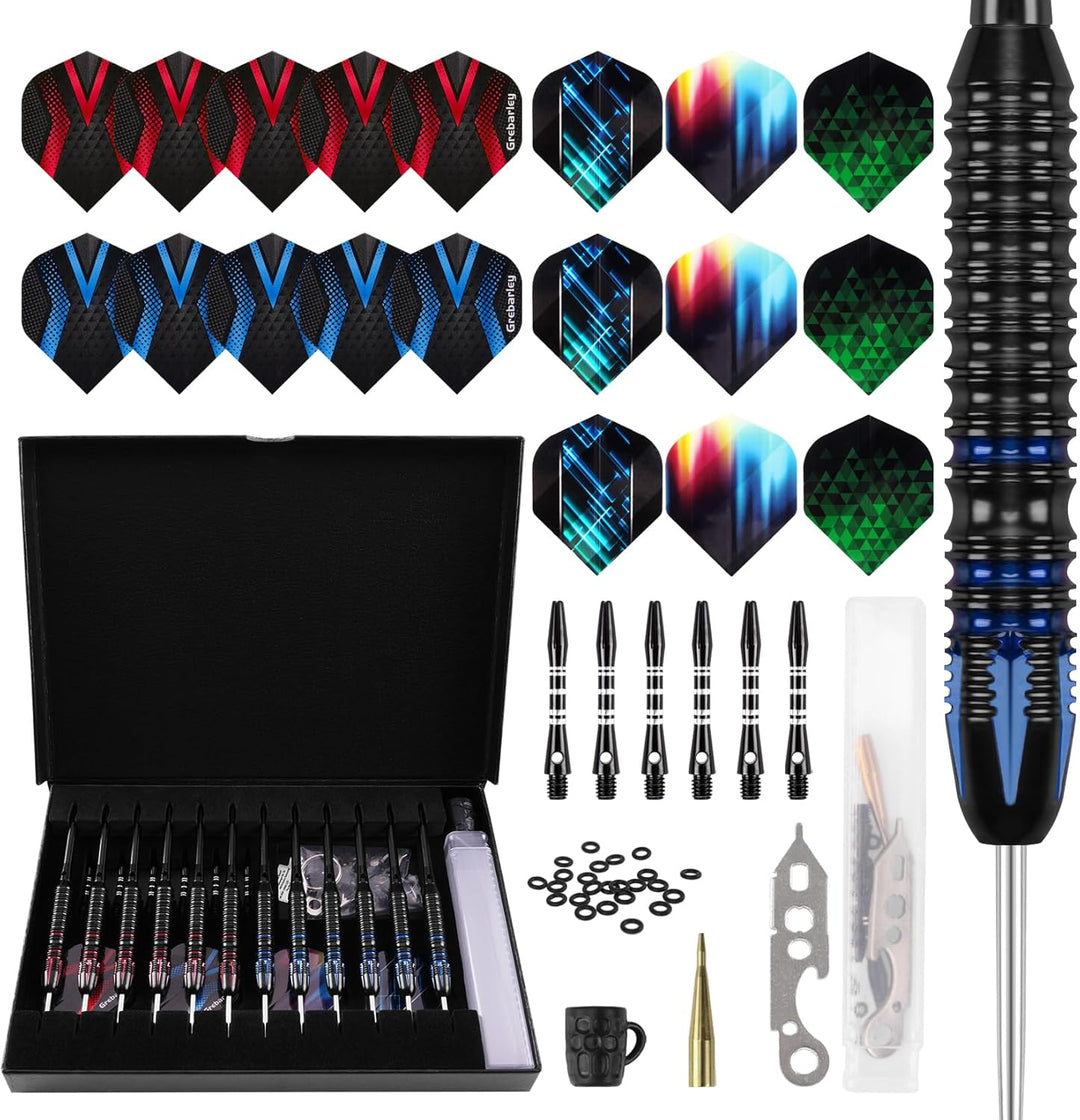 Grebarley Dartpfeile mit Metallspitze,12 Stück Profi Steeldarts 18 Aluminium Schaft mit 9 Flights 20