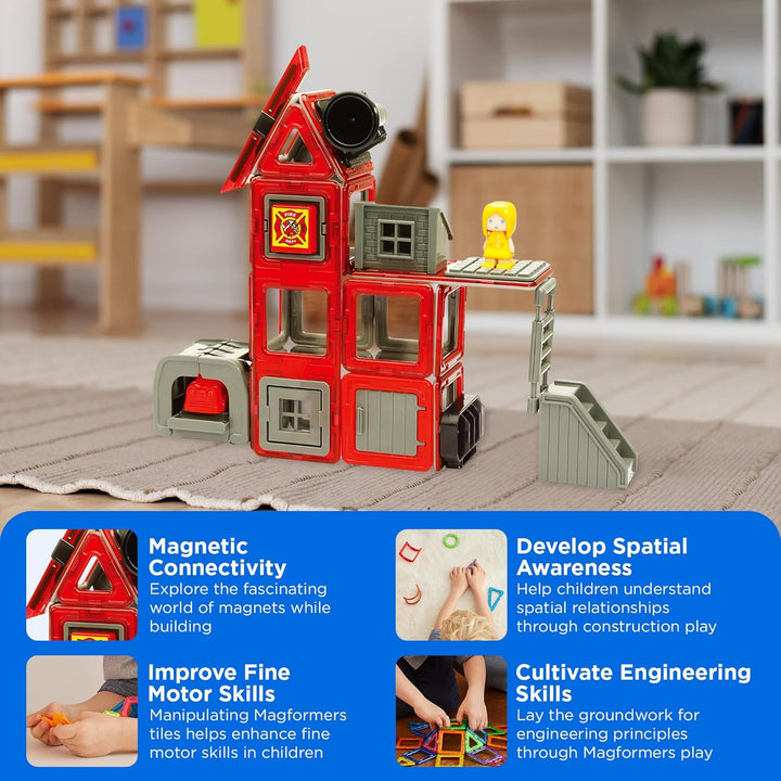 Magformers Fire Engine And Rescue Vehicle Set. Firefighters Magnetic Building Blocks Toy. Makes Over
