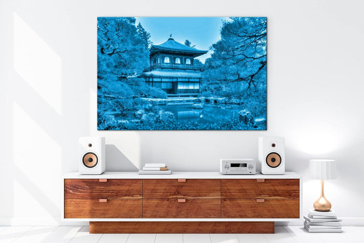 deyoli asiatisches Landhaus Format 80x60 Effekt: Monocrome Blau als Leinwandbild, Motiv fertig gerah