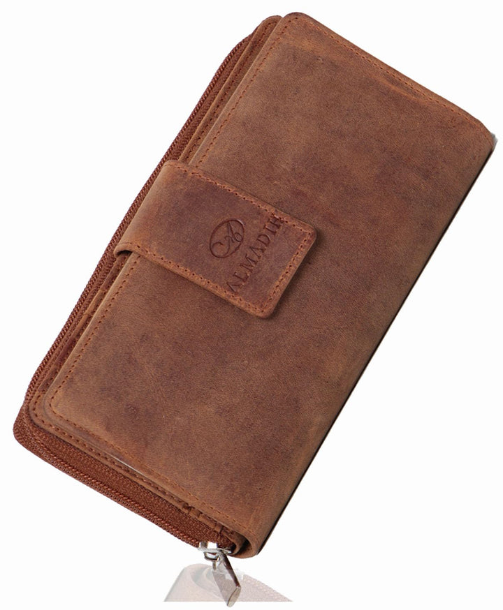 RFID Damen Leder Geldbörse Braun Vintage mit 26 Kartenfächer - MILA Grosse Damen Portemonnaie 7 Eins