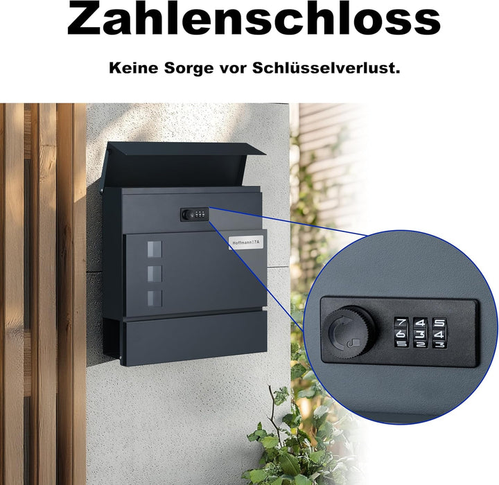 Zedelmaier Personalisiert Briefkasten mit Edelstahl Namensschild Wandbriefkasten mit Zahlenschloss P