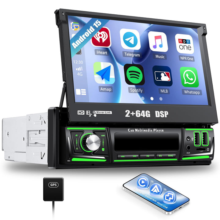 CAMECHO [Android 15] 2+64G 7 Zoll Autoradio 1 Din Wireless Carplay Touchscreen Navi Radio Ausfahrbar