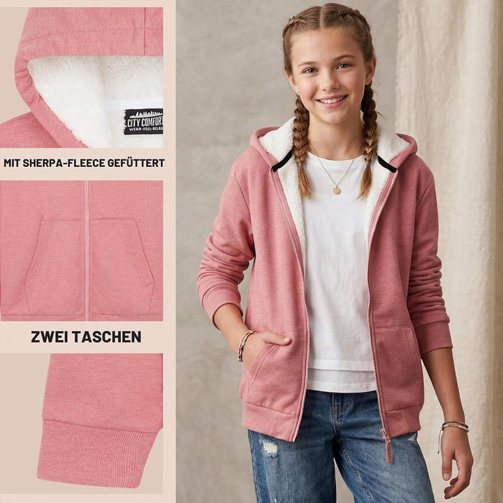 CityComfort Pullover Mädchen mit Fleece-Futter und Kapuze, Fleecejacke Kinder Mädchen Zipper Hoodie