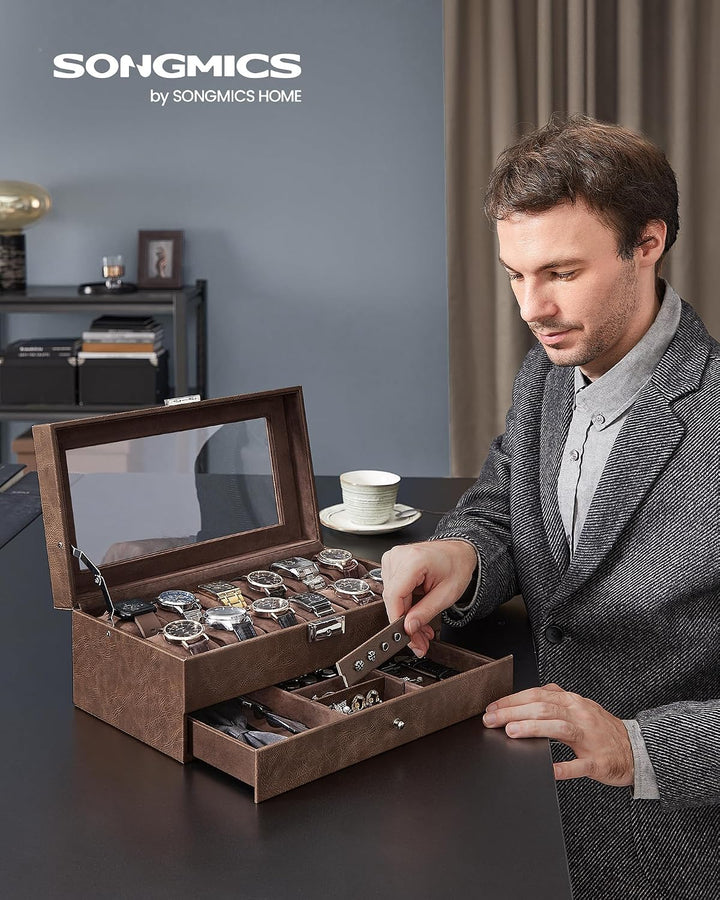 SONGMICS Uhrenbox, Uhrenkasten mit Glasdeckel, Uhrenkoffer 2 Ebenen, für 12 Uhr, abschliessbar, 1 Sc
