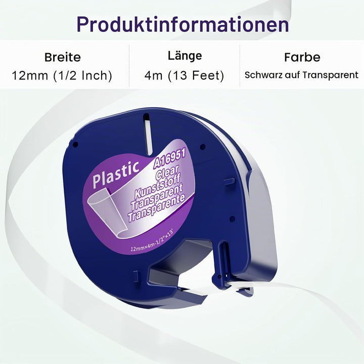 Aken Schriftband Kompatibel mit Dymo LetraTag XR Etikettenband Transparent 12mm x 4m, Clear Plastic