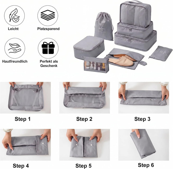 Packing Cubes 8er Set Koffer Organizer Packwürfel Set wasserdicht | Leichte Reise Packtaschen für Ko