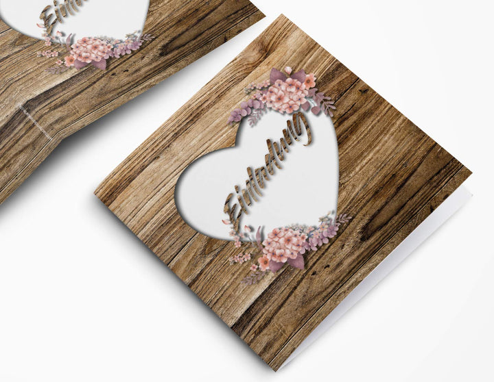 Rustikale Hochzeitskarte – Einladungskarte in Holz-Optik – Vintage Blumen Einladung für deine Hochze