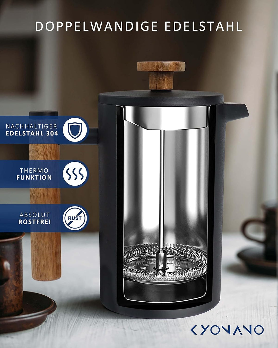 KYONANO French Press 0,6 Liter | Thermo Kaffeebereiter aus Edelstahl, Kaffee Camping für 2-3 Tassen,