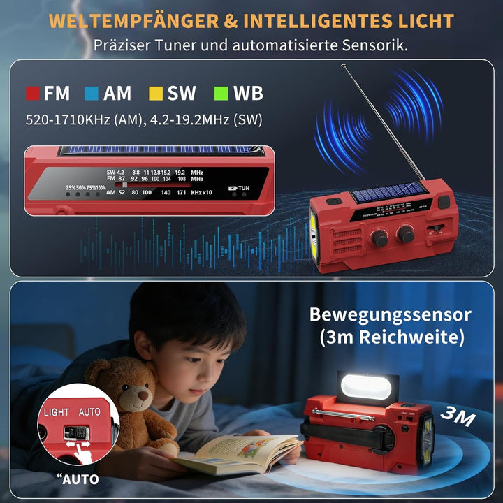 Kurbelradio 4000mAh Notfallradio mit Solar, Bewegungsempfindlicher Radio mit kurbel AM/FM/SW,LED-Tas