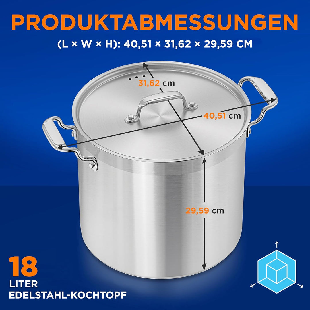 NutriChef Edelstahl Kochtopf 19L Induktion – Suppentopf mit Deckel, Profiqualität für Gastronomie &