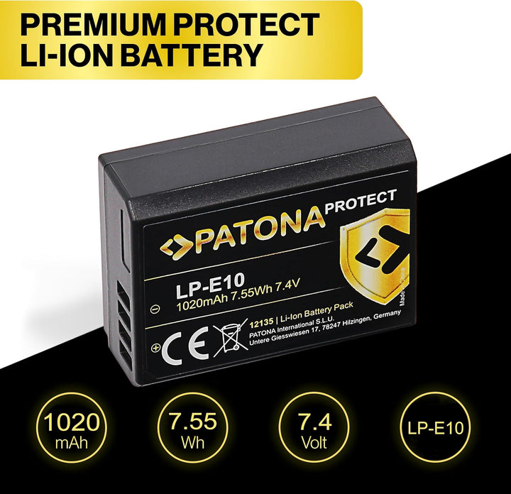 PATONA Protect V1 (2X) Ersatz für Akku Canon LP-E10 (echte 1020mAh) mit NTC-Sensor und V1 Gehäuse ko