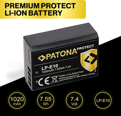 PATONA Protect V1 (2X) Ersatz für Akku Canon LP-E10 (echte 1020mAh) mit NTC-Sensor und V1 Gehäuse ko