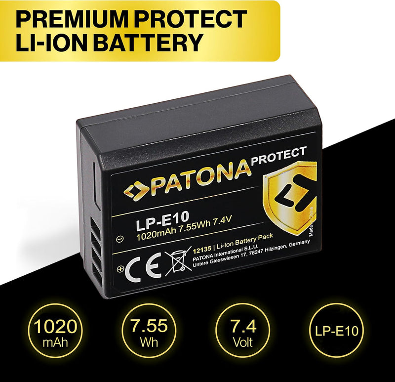PATONA Protect V1 (2X) Ersatz für Akku Canon LP-E10 (echte 1020mAh) mit NTC-Sensor und V1 Gehäuse ko