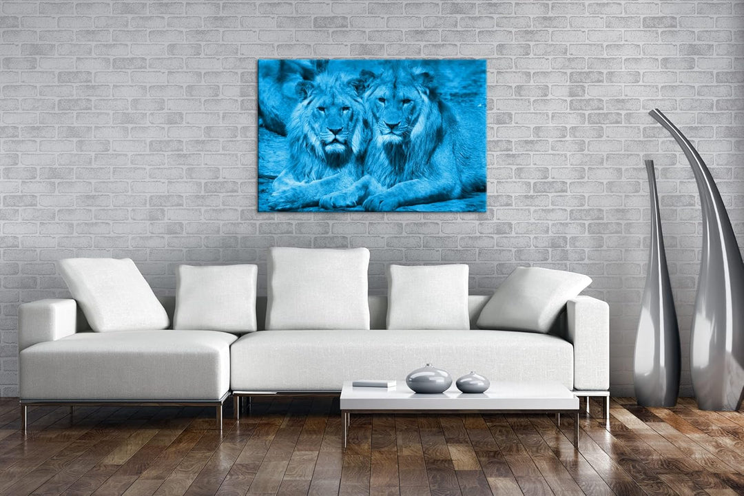 deyoli Atemberaubende Löwen Format 100x70 Effekt: Monocrome Blau als Leinwandbild, Motiv fertig gera