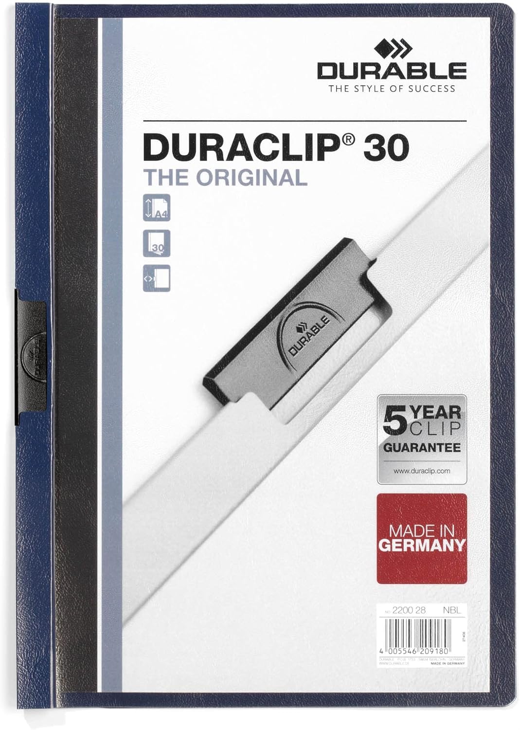 Durable Klemm-Mappe Duraclip Original 30, Hartfolie, bis 30 Blatt A4, nachtblau, 25er Packung, 22002
