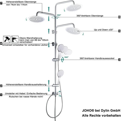 JOHO Edelstahl Duschset ohne Armatur, Regendusche Duschsystem mit Duschkopf, Duschstange, Duschschla