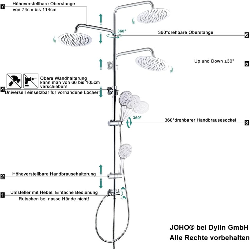 JOHO Edelstahl Duschset ohne Armatur, Regendusche Duschsystem mit Duschkopf, Duschstange, Duschschla