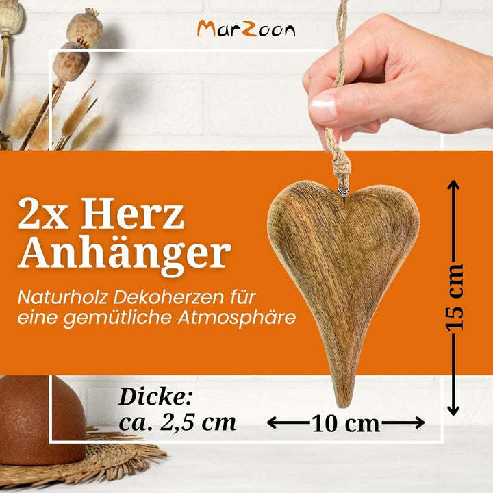 2X Holz Anhänger Herz je 15 x 10 cm - Massiv Holzherzen zum Hängen - Holz-Deko für Fenster - Vintage