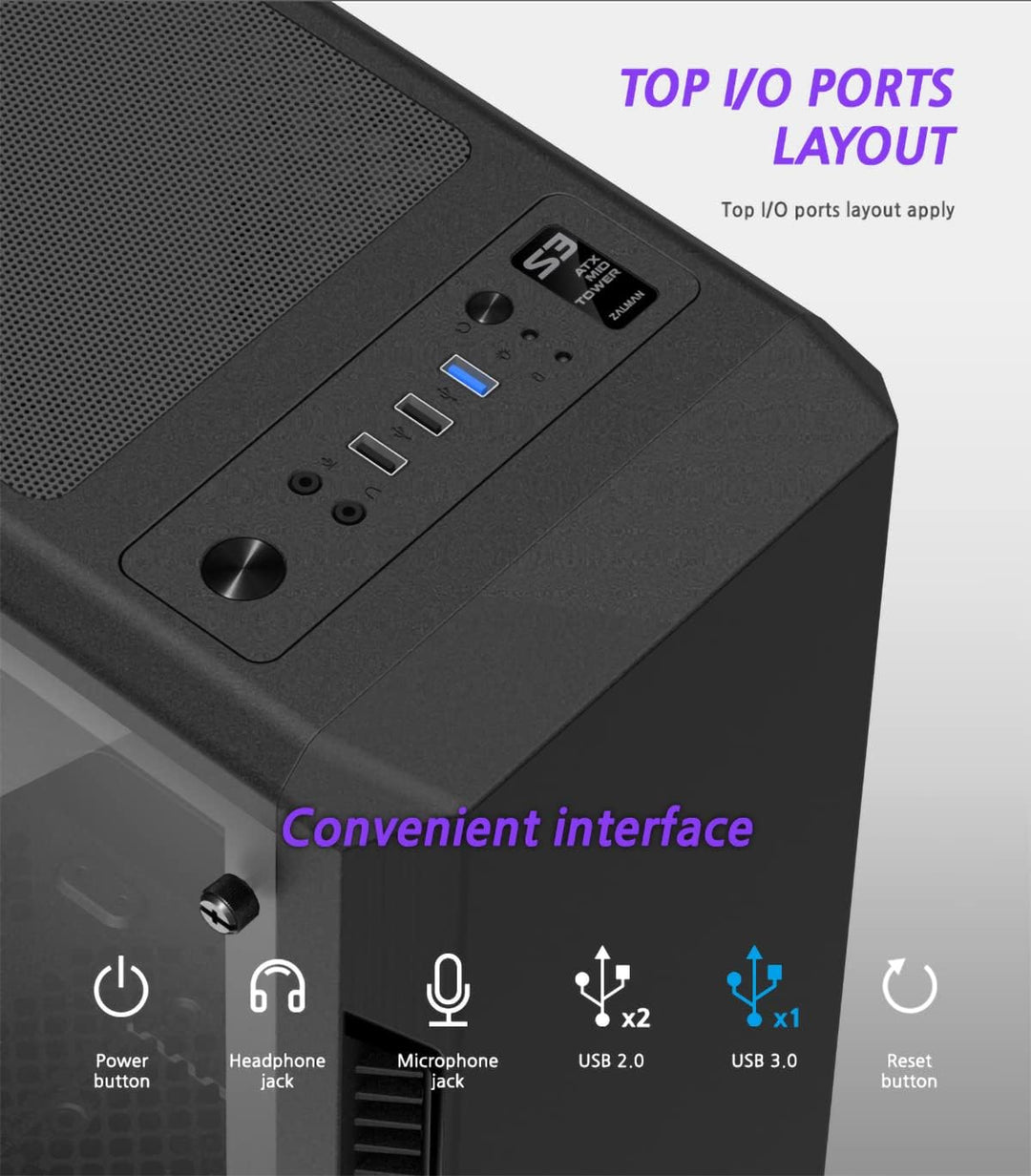 ATX Zalman S3 TG Mid Tower Gehäuse mit Glaspanel (schwarz)