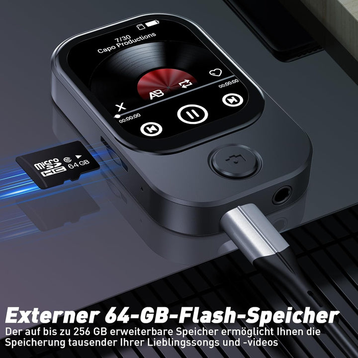 64GB MP3 Player Bluetooth mit 180° Aufklappbar Kamera, Mini Musik Player HD Lautsprecher FM Radio Fo