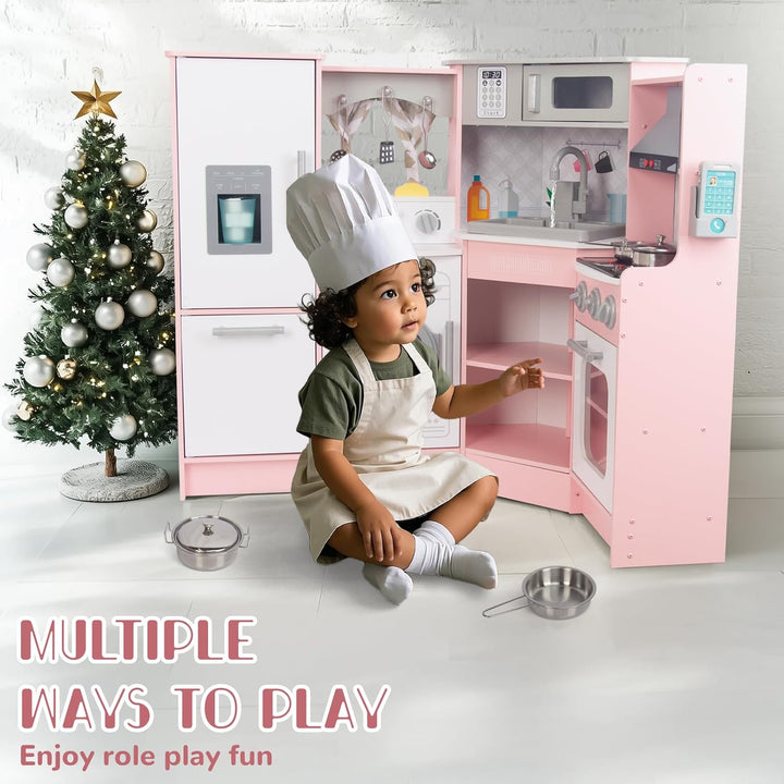Rosa Hölzerne Kinderküche, Kinderspielküche mit Spüle Herd Backofen, Holzküche Spielzeugküche, Spiel
