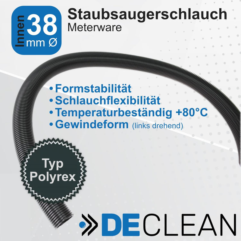 DeClean Staubsaugerschlauch Meterware 38mm Innen Ø, Schlauch für Haushalts-Staubsauger, Industriesau