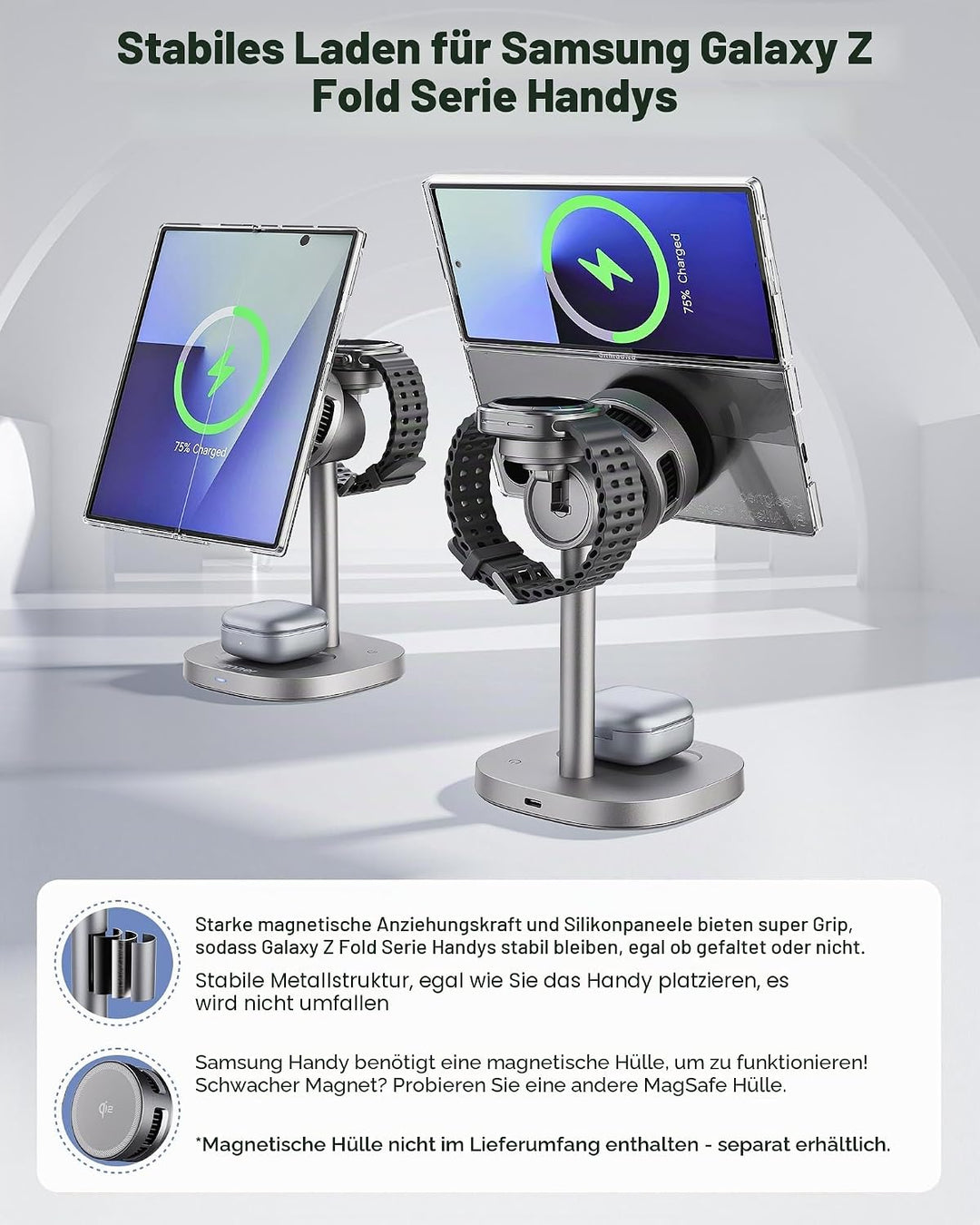 3 in 1 Induktive Ladestation für Samsung, 15W Wireless Charger mit TEC-Kühlung, Magsafe-Ladegerät fü