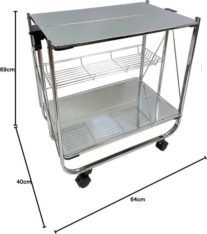 abc HOME | Servierwagen Klappbar Verchromt 70cm Hoch – Mobiler Küchenwagen mit Rollen – Platzsparend